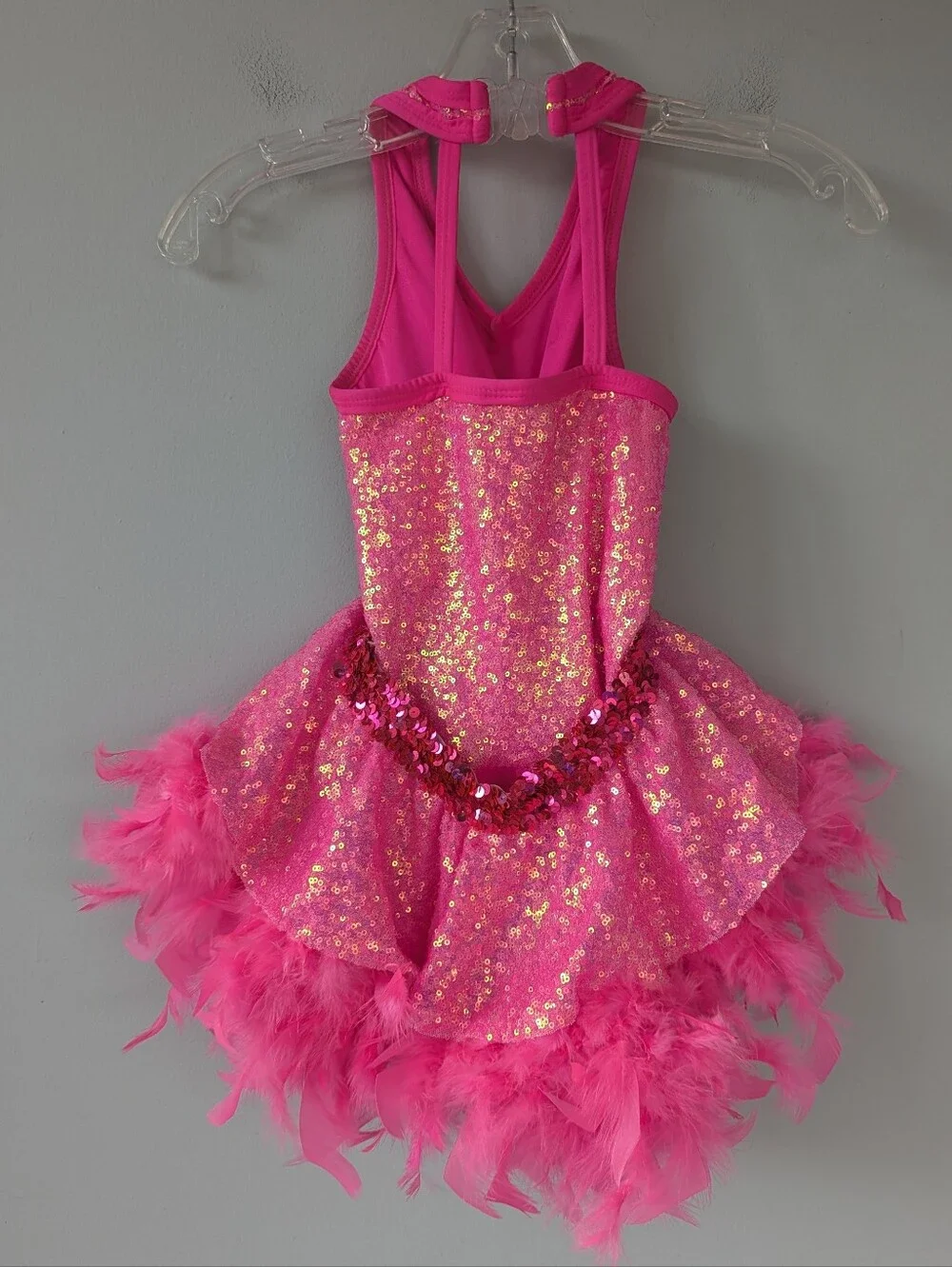 A Wish Come True Girls Hot Pink Sequin & Feathers Two Piece Skirt Dance Costume